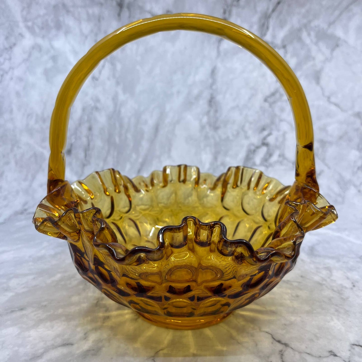 Vintage Fenton Amber Crimped Glass Thumbprint Basket Vase w/ Handle 8x7.5" TE2