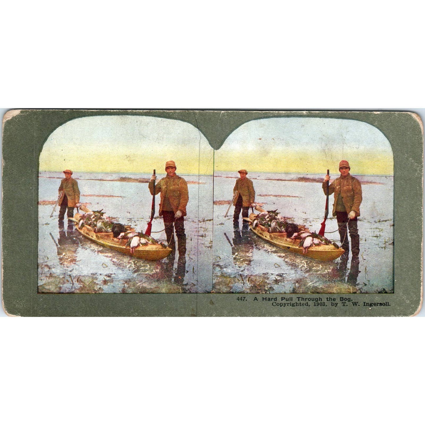 Victorian Duck Hunting Hard Pull Through The Bog Antique Stereoview Card TJ1-C1