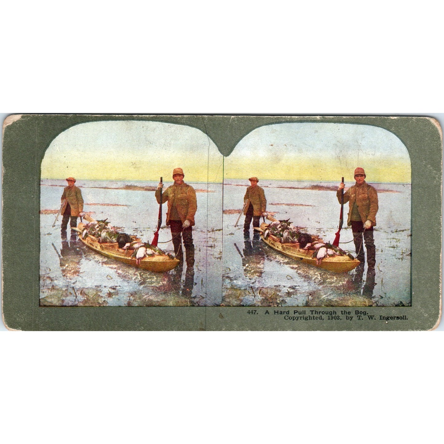 Victorian Duck Hunting Hard Pull Through The Bog Antique Stereoview Card H3-2