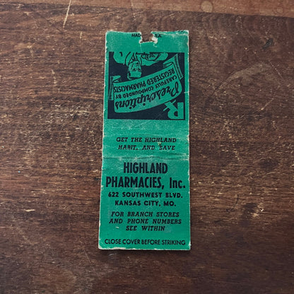 Highland Pharmacies Kansas City MO Advertising Matchbook Cover SB3-M6