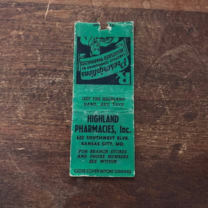 Highland Pharmacies Kansas City MO Advertising Matchbook Cover MM11-4
