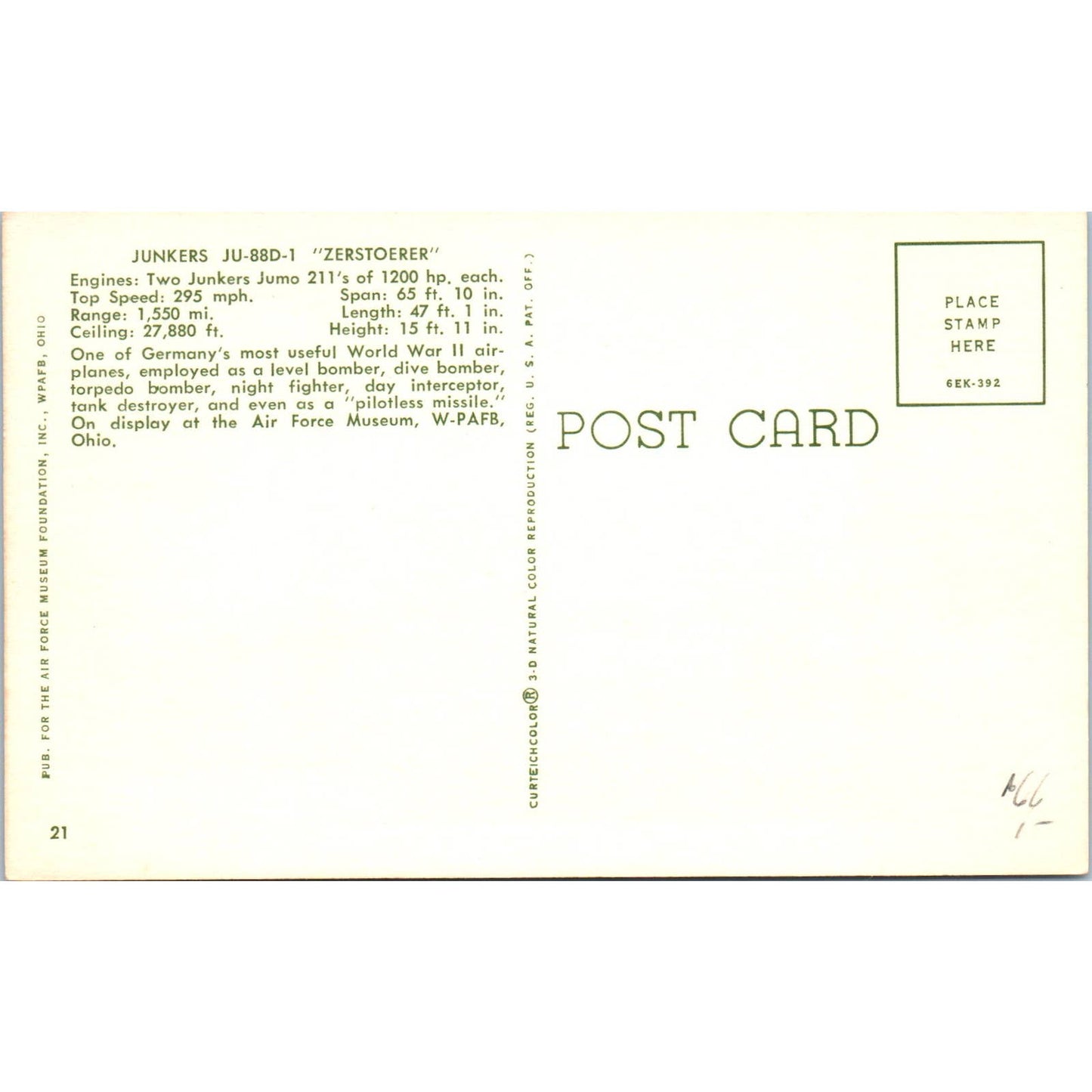 Junkers JU-88D-1 WPAFB, Ohio Original Postcard TK1-20