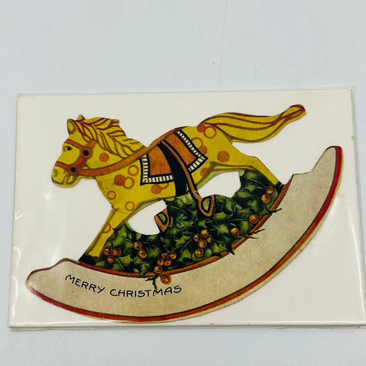 Antique Victorian Die Cut Merry Christmas Card Rocking Horse Holly Berries AA2