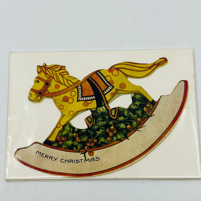 Antique Victorian Die Cut Christmas Card Rocking Horse Holly Berries AH9-M9