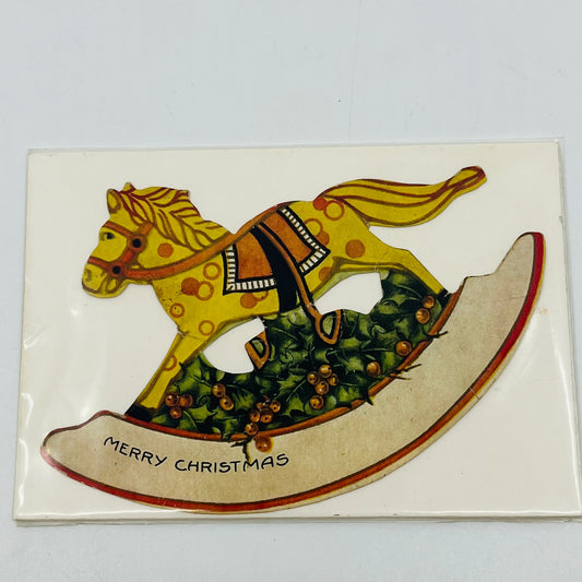 Antique Victorian Die Cut Christmas Card Rocking Horse Holly Berries AH9-M9