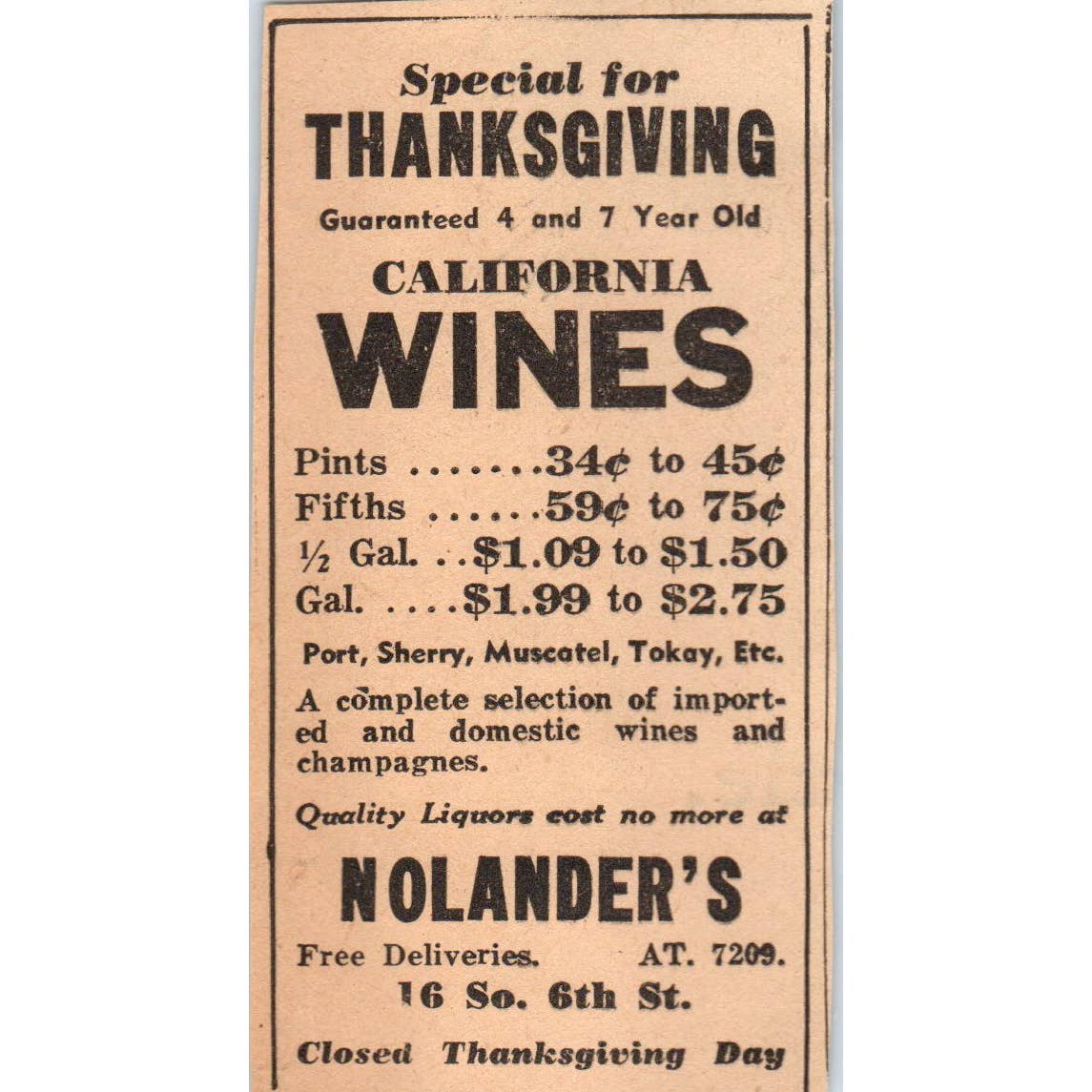 1935 Mpls Journal Newspaper Ad Nolander's Thanksgiving Wines So. 6th St. FL5-6