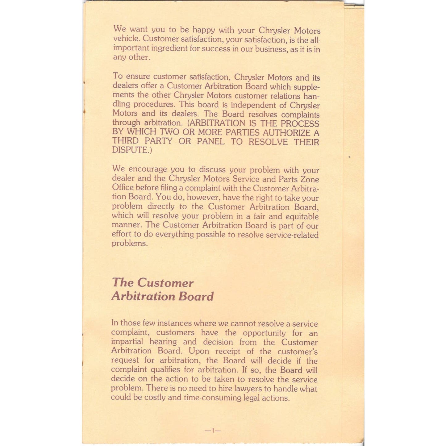 1980s Chrysler Customer Arbitration Board Information Booklet Pamphlet TJ7