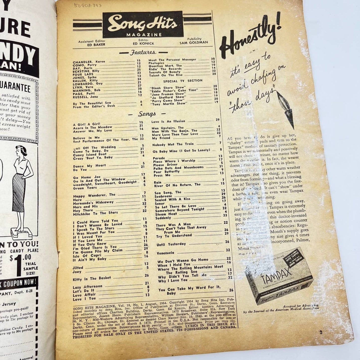 August 1954 Song Hits Magazine Lou Monte Cover Patti Page Vera Lynn TF3