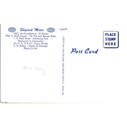 Skylark Motel F.H. Bolton Perry Florida - Original Postcard TJ7-RP2