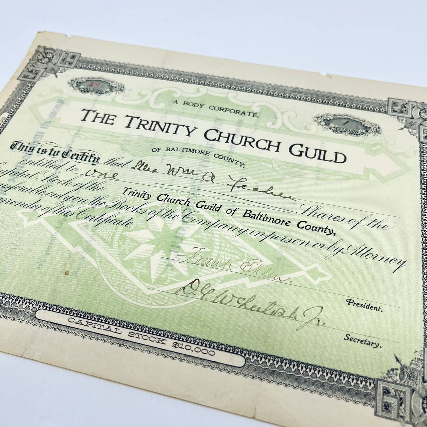 1903 Trinity Church Guild Capital Stock Certificate Baltimore MD AA7