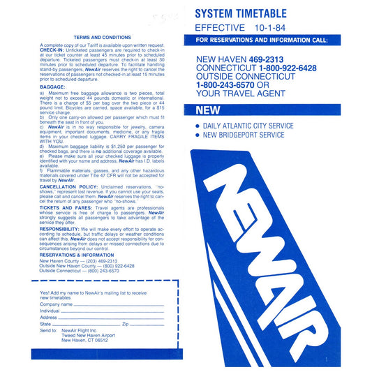 1984 New Air Airline System Timetable Atlantic City, Bridgeport Service SE4