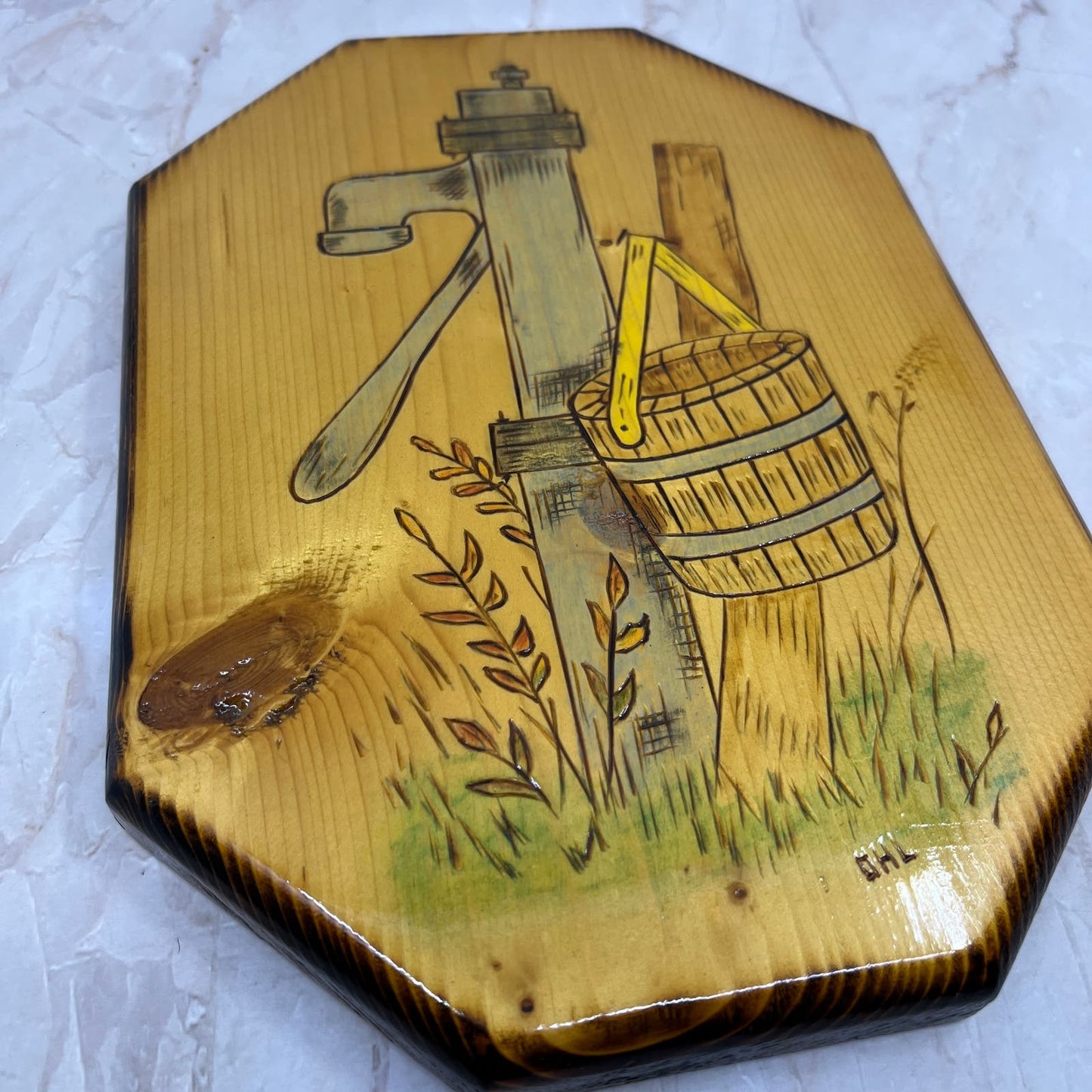 Hand Carved Painted Water Pump Farmhouse Wall Art Wood Plaque Signed 7x9.5 TE5