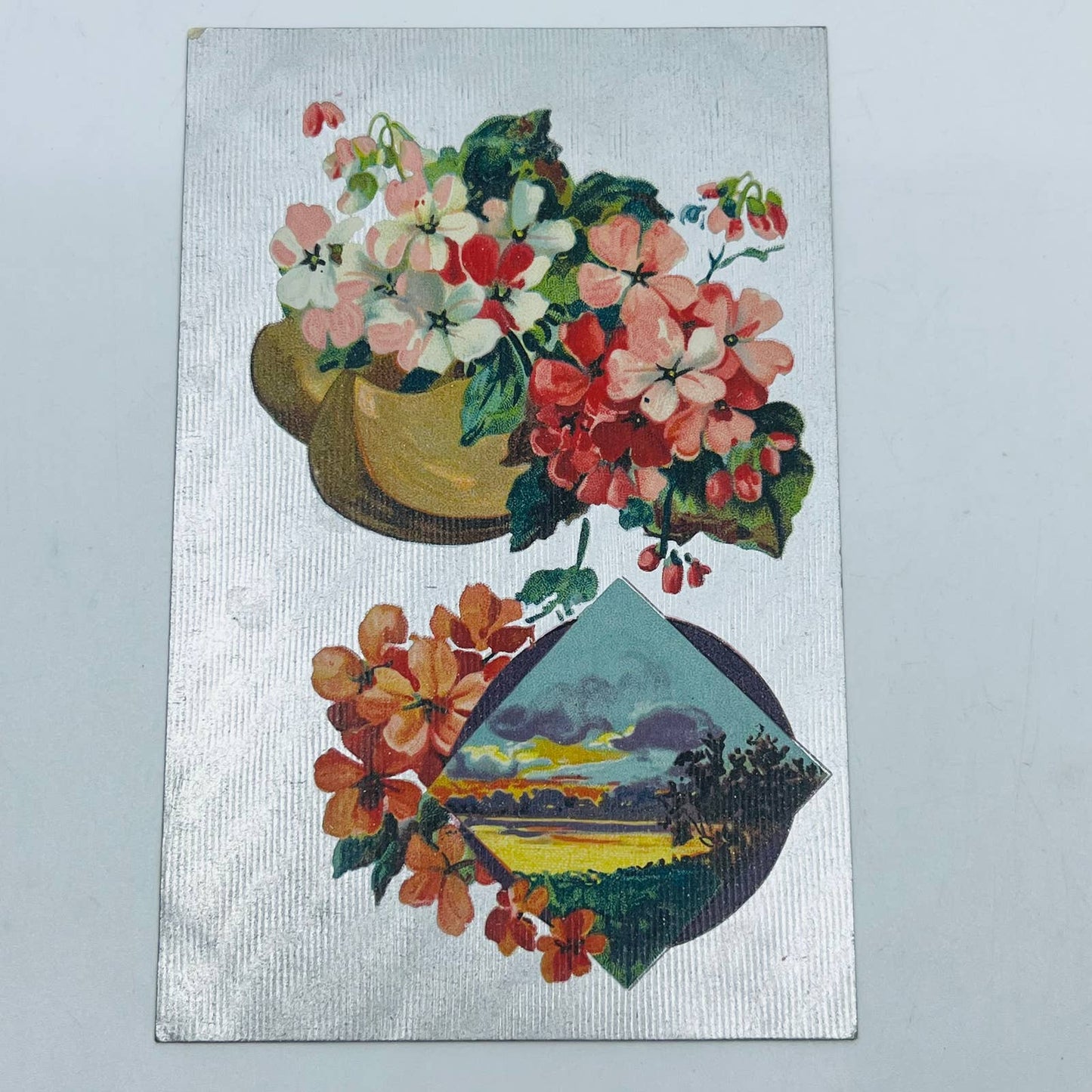 1910s Post Card Silver Dutch Netherlands Wood Clogs Floral Sunset PA7