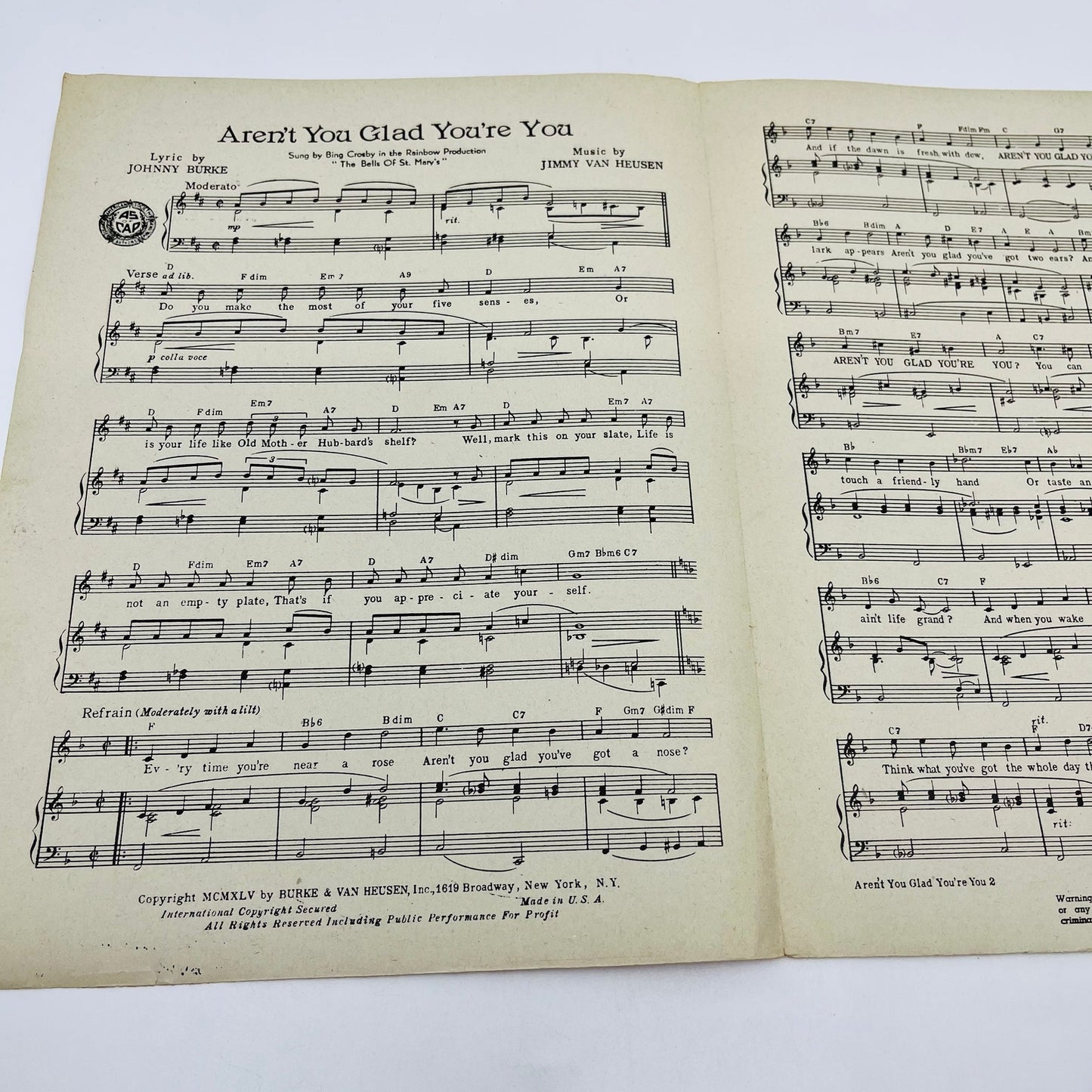 1945 Aren’t You Glad You’re You Bing Crosby Ingrid Bergman Sheet Music V37-4