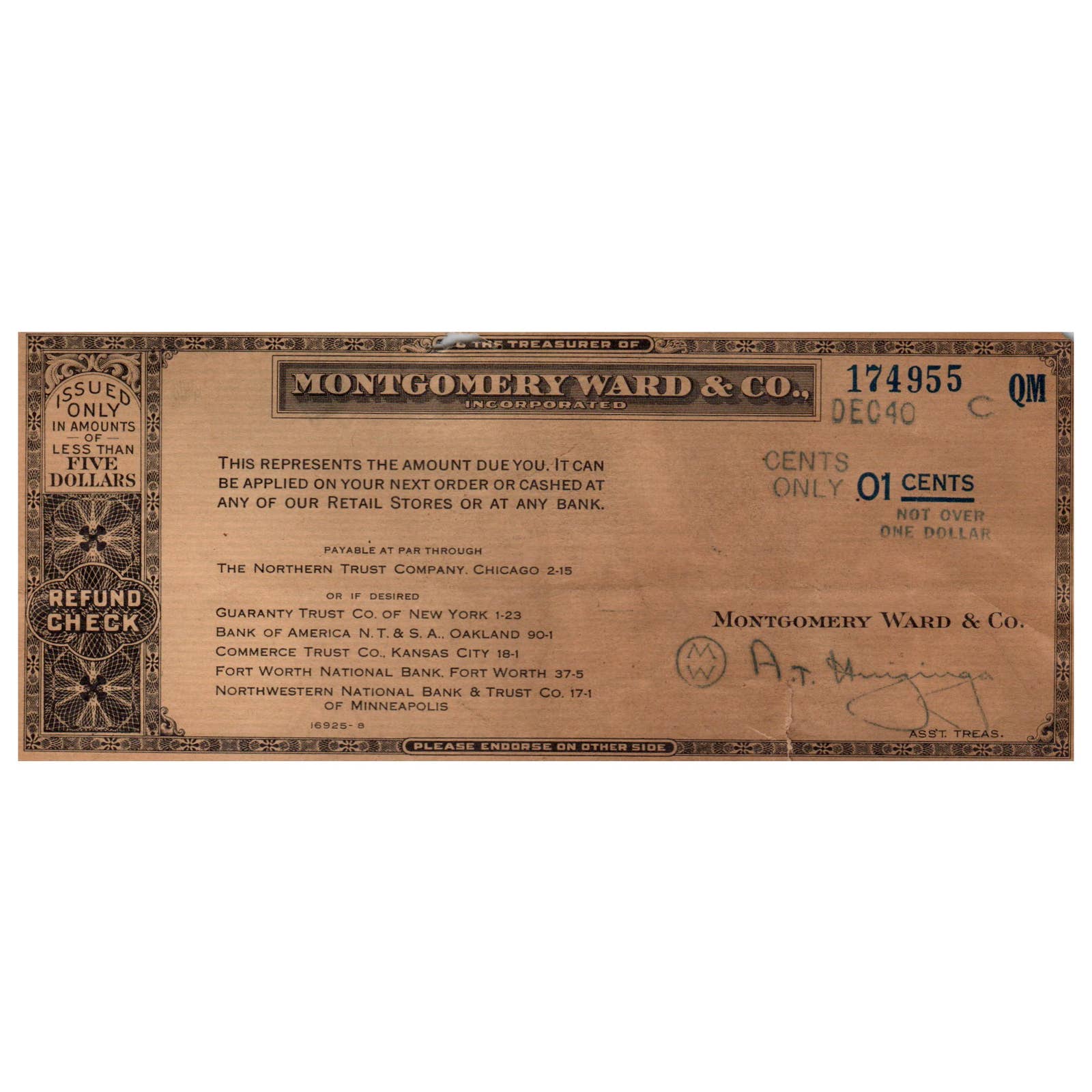 1940 Montgomery Ward & Co Refund Check Certificate SF3-5 – Everyday ...