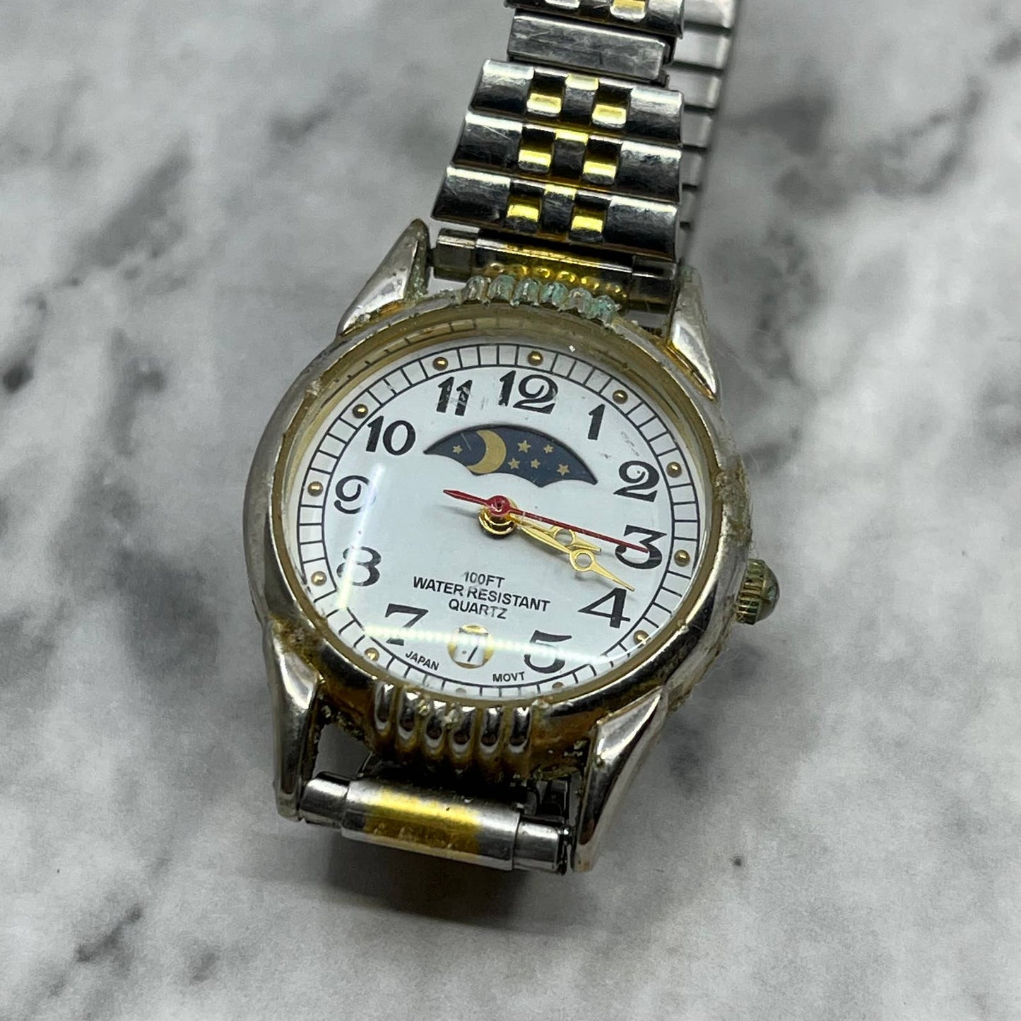 Vintage Moonphase Ladies Watch Metal Stretch Band UNTESTED SE6