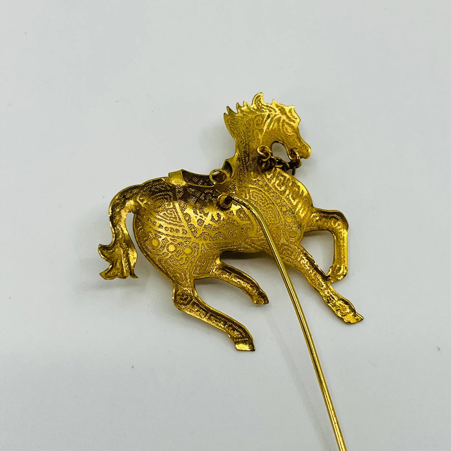 Vintage MCM Hat Lapel Stick Pin Gold Tone Ornate Horse 2 1/2” SB3