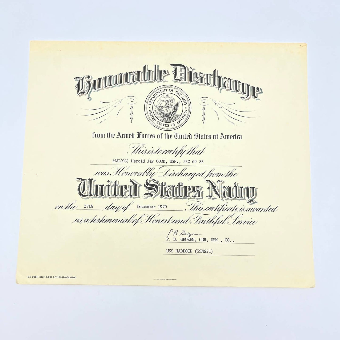 1970 Navy Honorable Discharge Certificate MMC(SS) Harold J. Cook USS Haddock FL3