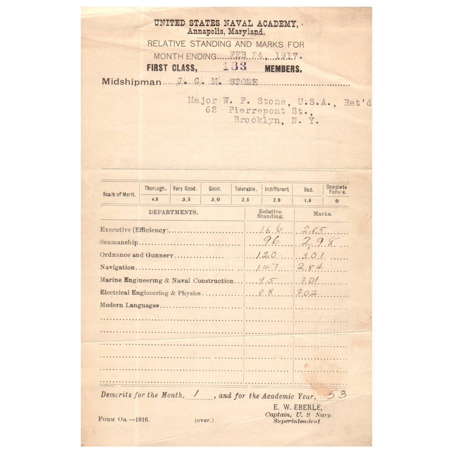 1917 Feb WWI Era US Naval Academy Midshipman JGM Stone Report Card EW Eberle AC9