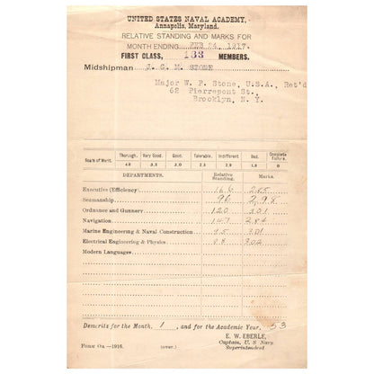 1917 Feb WWI Era US Naval Academy Midshipman JGM Stone Report Card EW Eberle AC9