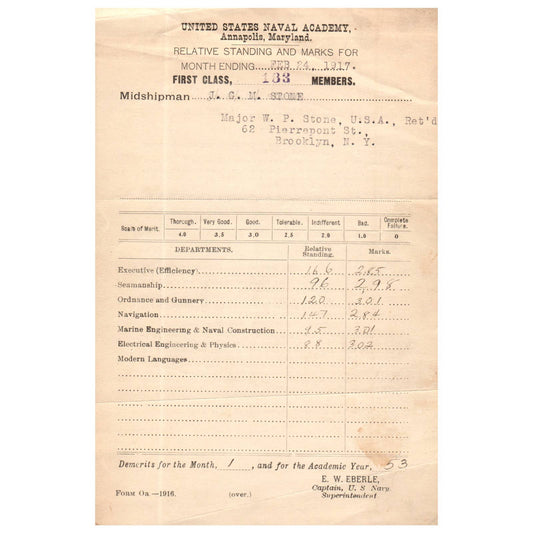 1917 Feb WWI Era US Naval Academy Midshipman JGM Stone Report Card EW Eberle AC9