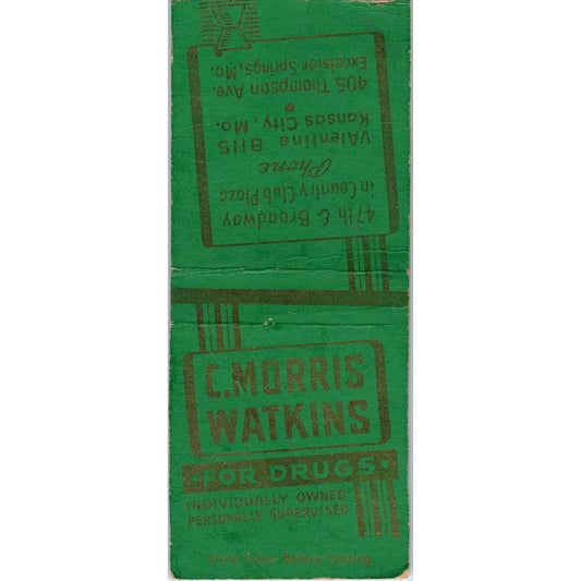 C. Morris Watkins Pharmacy Kansas City MO Advertising Matchbook Cover SA9-M5