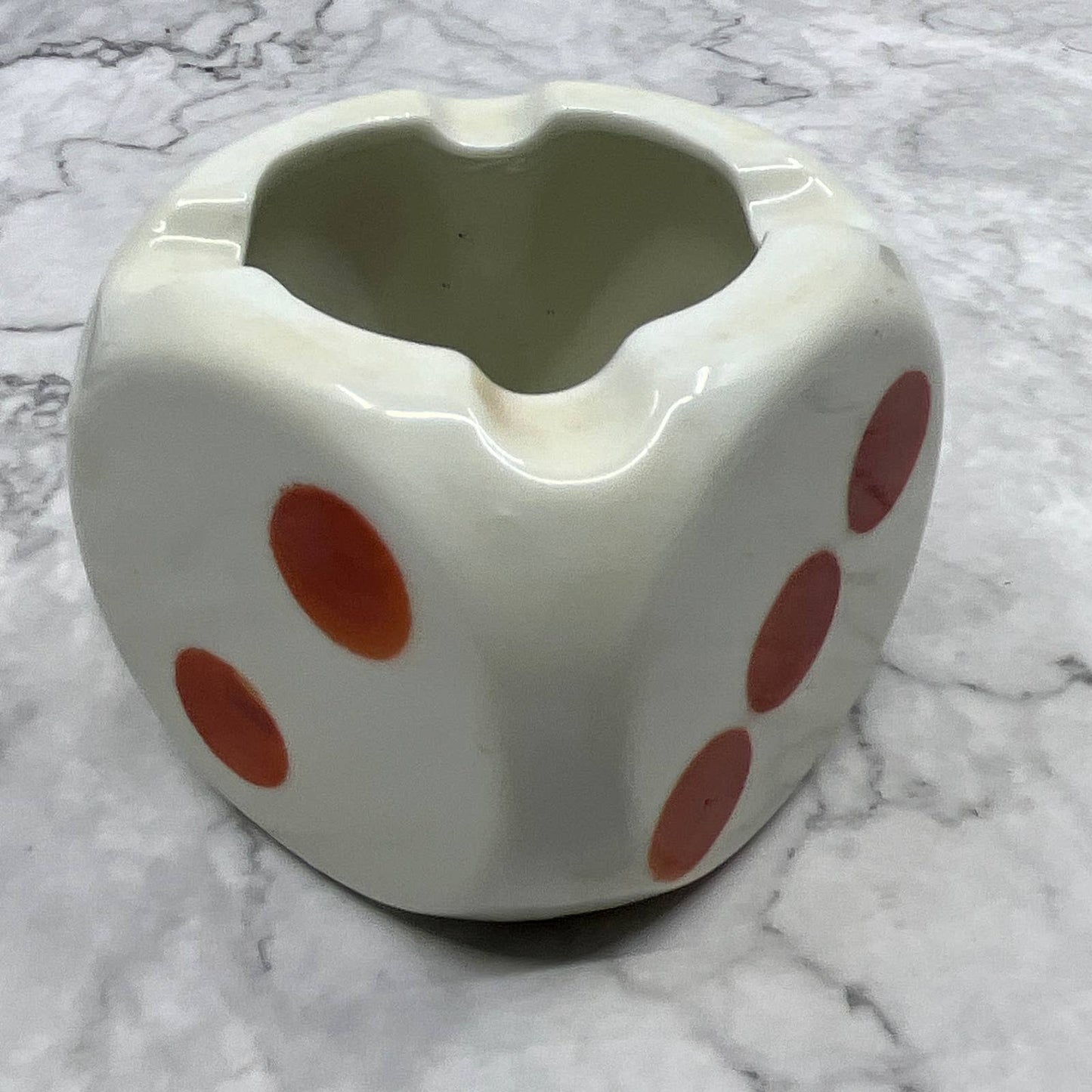 Vintage Ceramic White and Orange Dice Ashtray 3" Japan TI7