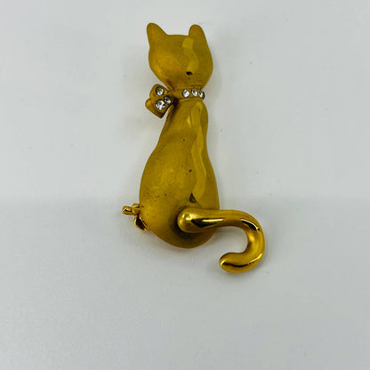 Vintage MCM Mod Kitty Cat Brooch Matte Gold Tone Rhinestone Bow Tail Moves SA6