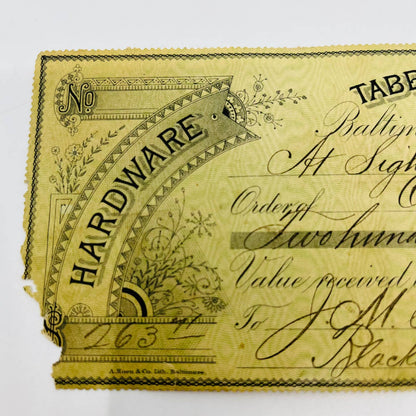 1891 Bank Check Tabb Bros & Dimmock Hardware JM Harris Baltimore MD AA5