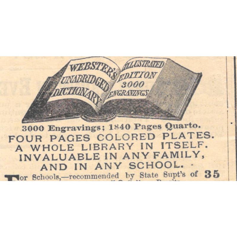 Webster's Dictionary Springfield Mass - Victorian Ad 1878 Original TJ7-L2-1