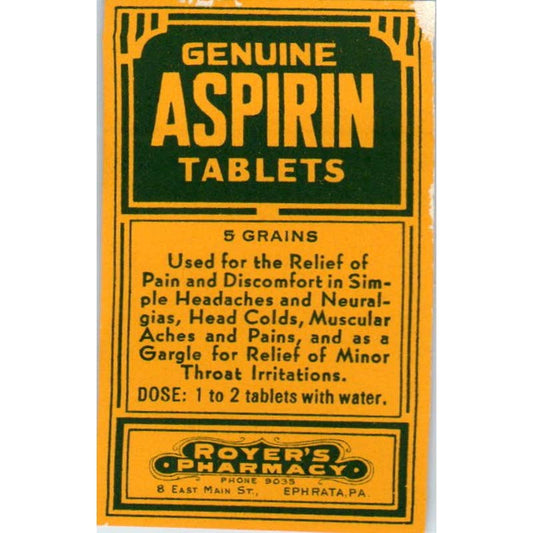 Antique Aspirin Bottle Label Royer's Pharmacy Ephrata PA SE5