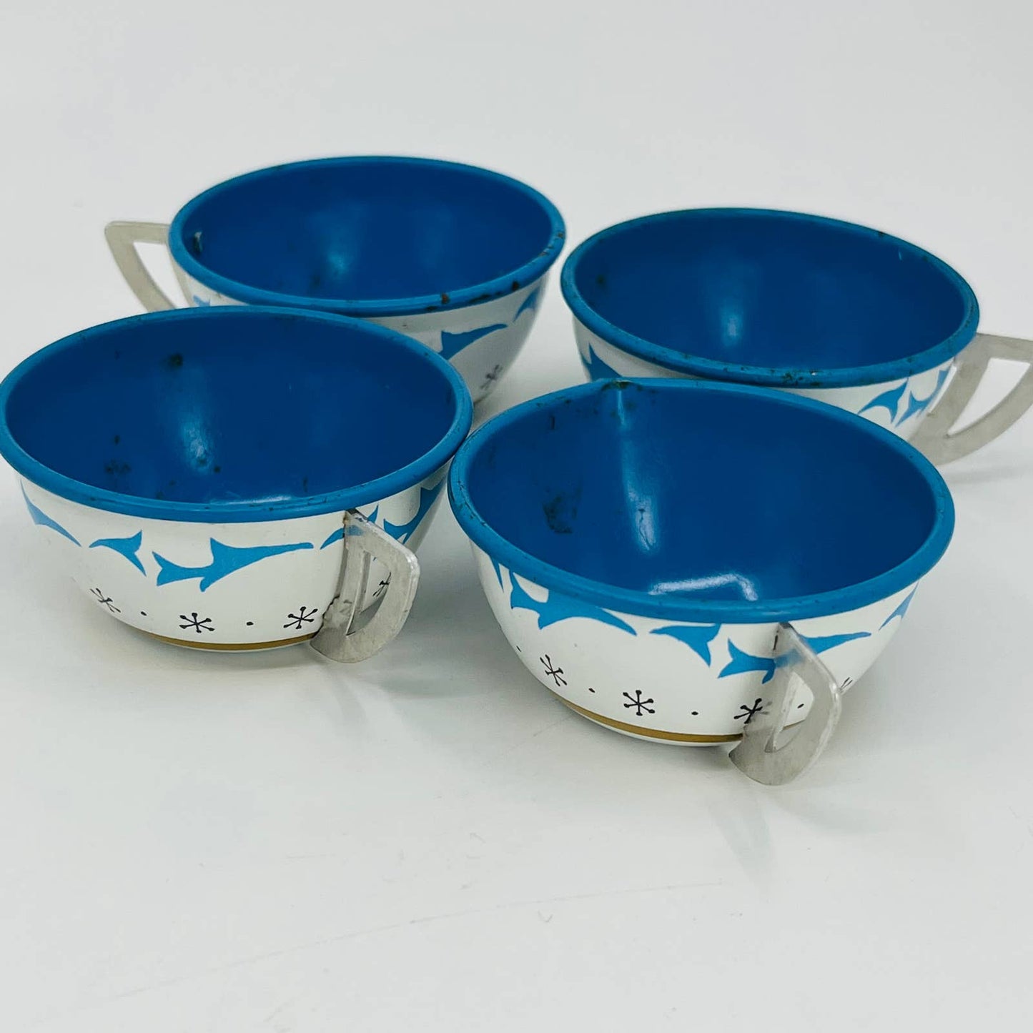 1950s MCM Ohio Art Tin Litho Tea Set Plates Cups Floral Blue 19pc TD2