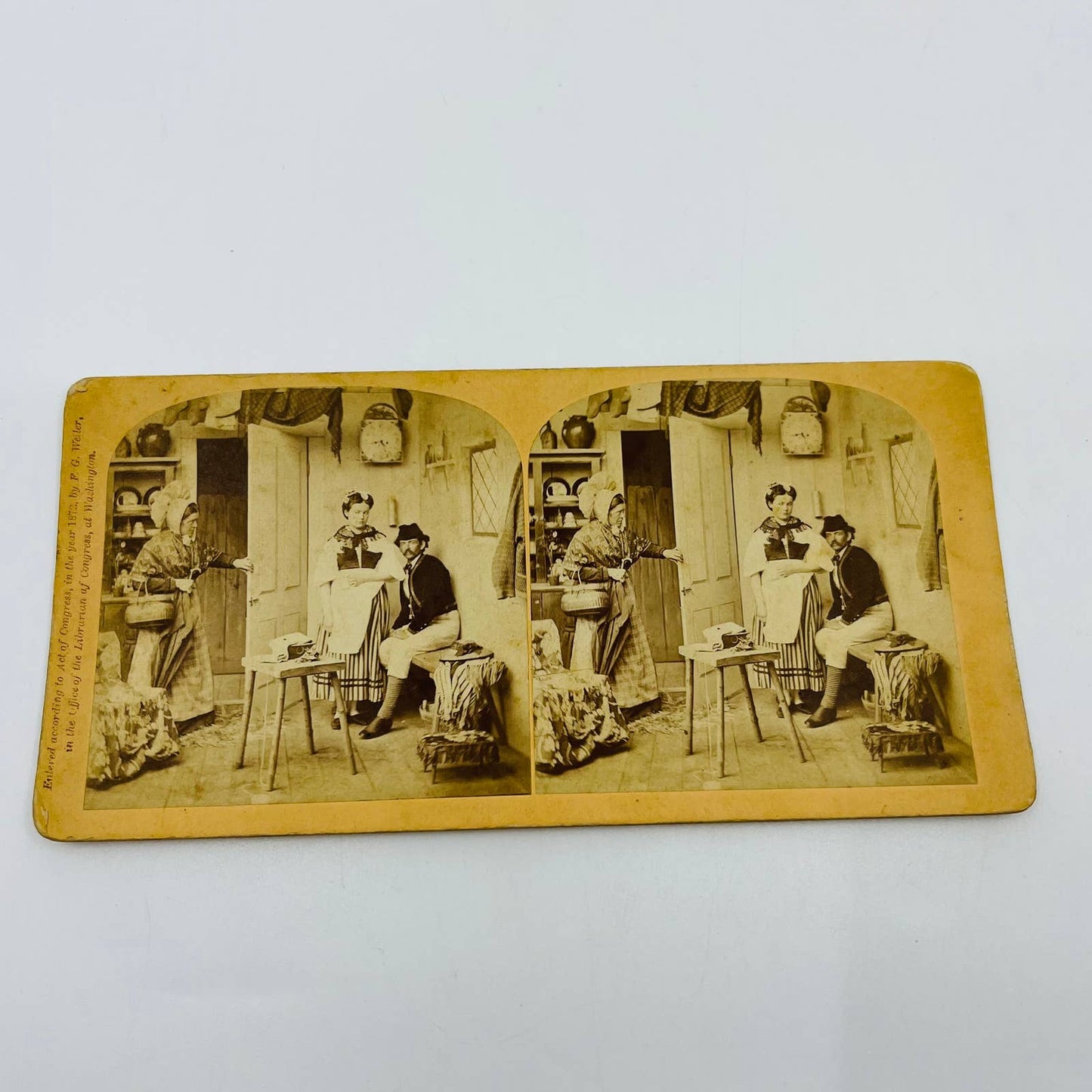 1872 Stereoview Card Unexpected - Couple and Mother in Kitchen White Mountain NH