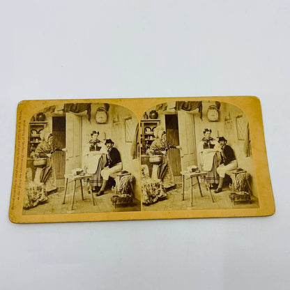 1872 Stereoview Card Unexpected - Couple and Mother in Kitchen White Mountain NH