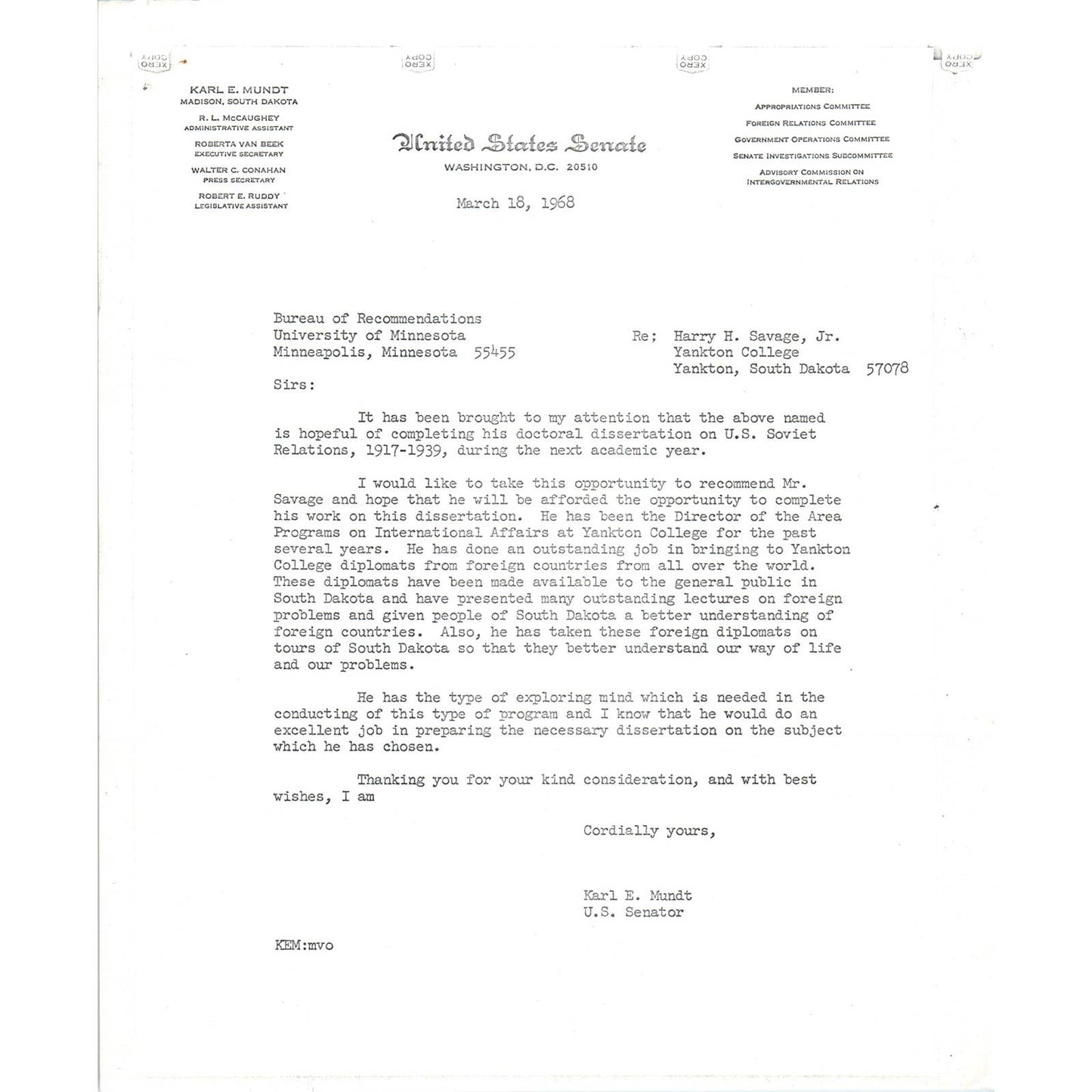 South Dakota Senator Karl Mundt Official Letterhead Memo Xerox 1967 TK1-P6