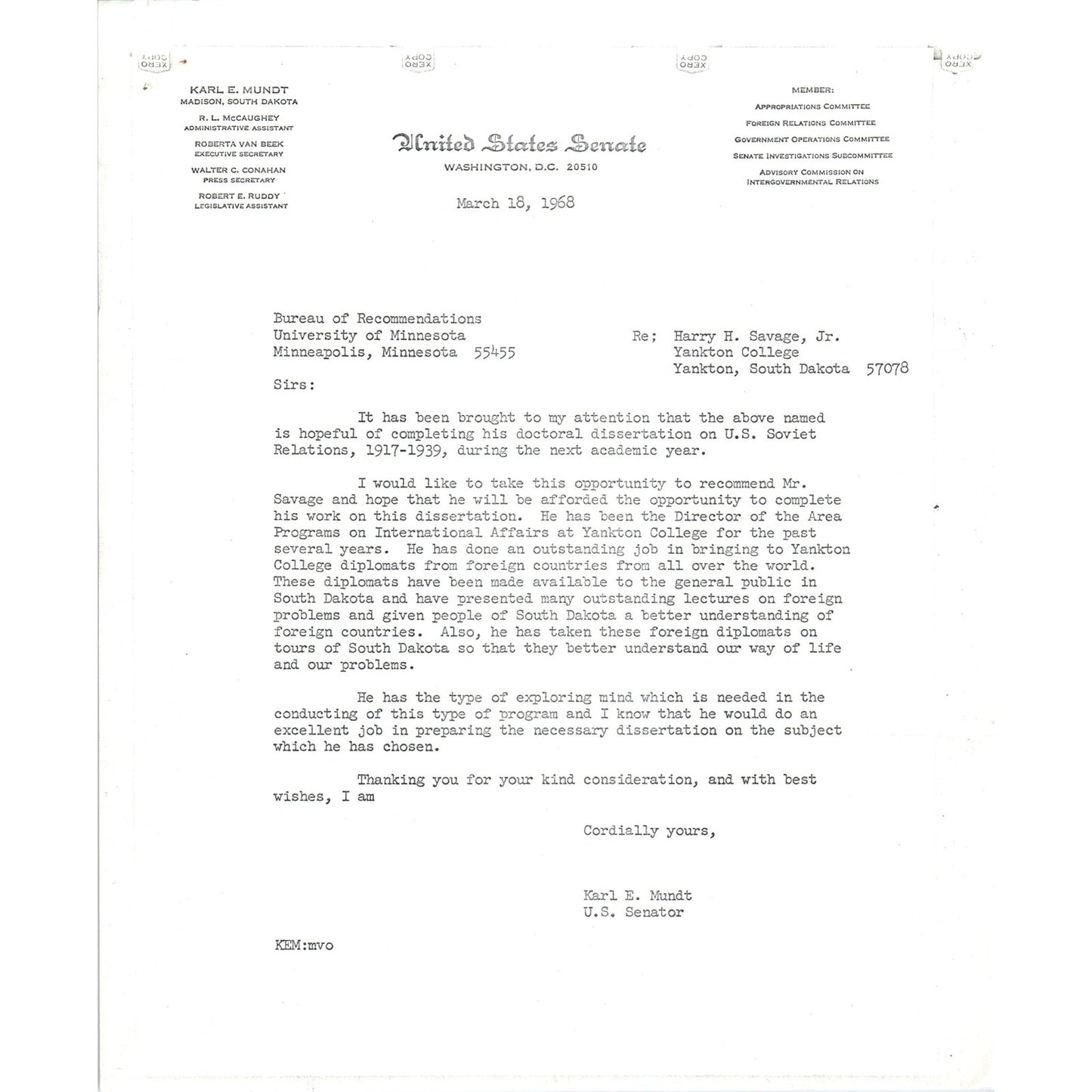 South Dakota Senator Karl Mundt Official Letterhead Memo Xerox 1967 B11