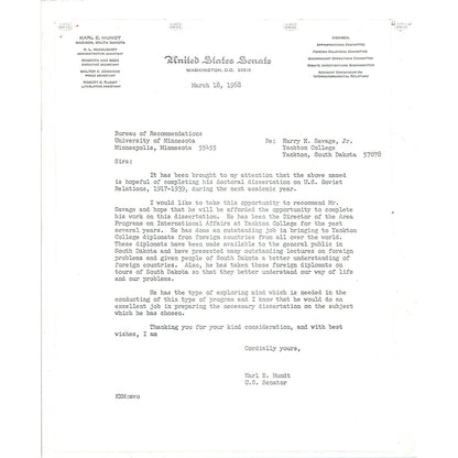 South Dakota Senator Karl Mundt Official Letterhead Memo Xerox 1967 B11