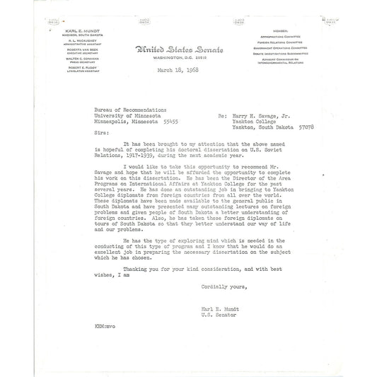 South Dakota Senator Karl Mundt Official Letterhead Memo Xerox 1967 B11