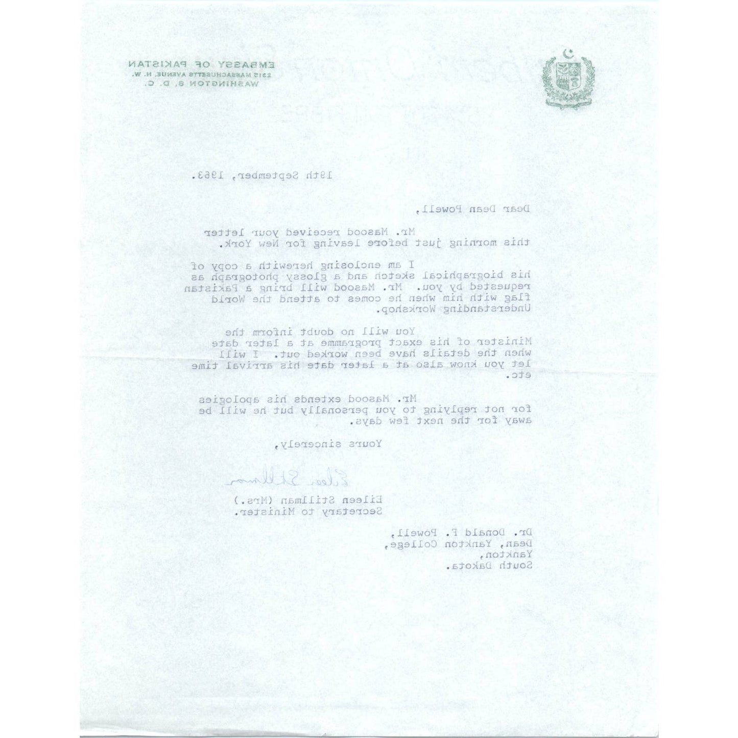 Embassy of Pakistan Official Letterhead Memo Eileen Stillman 1963 TK1-P10