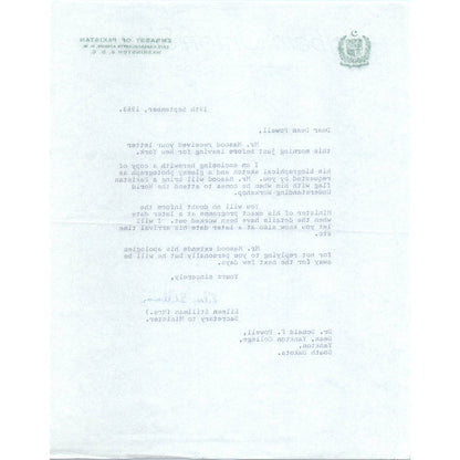 Embassy of Pakistan Official Letterhead Memo Eileen Stillman 1963 TK1-P10