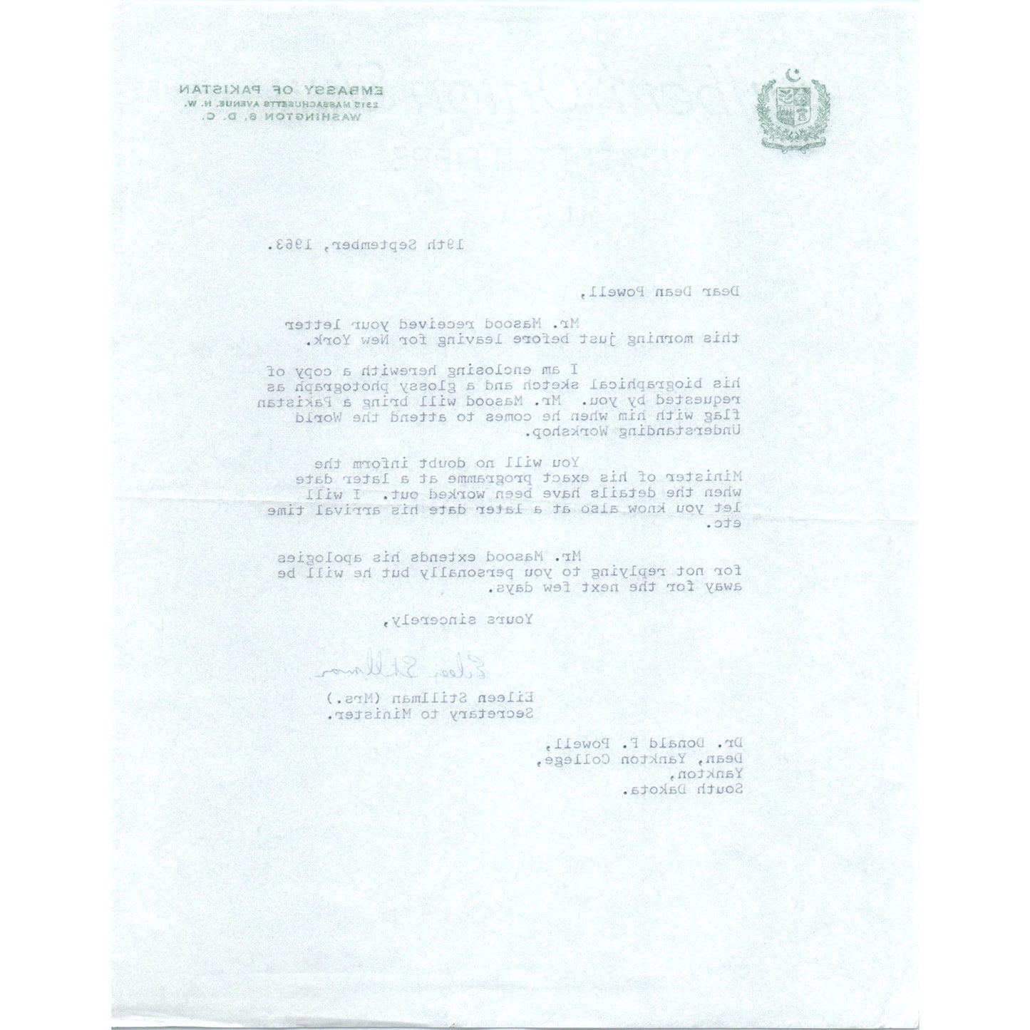 Embassy of Pakistan Official Letterhead Memo Eileen Stillman 1963 B9