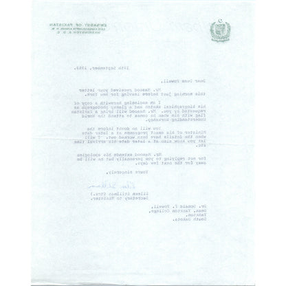 Embassy of Pakistan Official Letterhead Memo Eileen Stillman 1963 B9