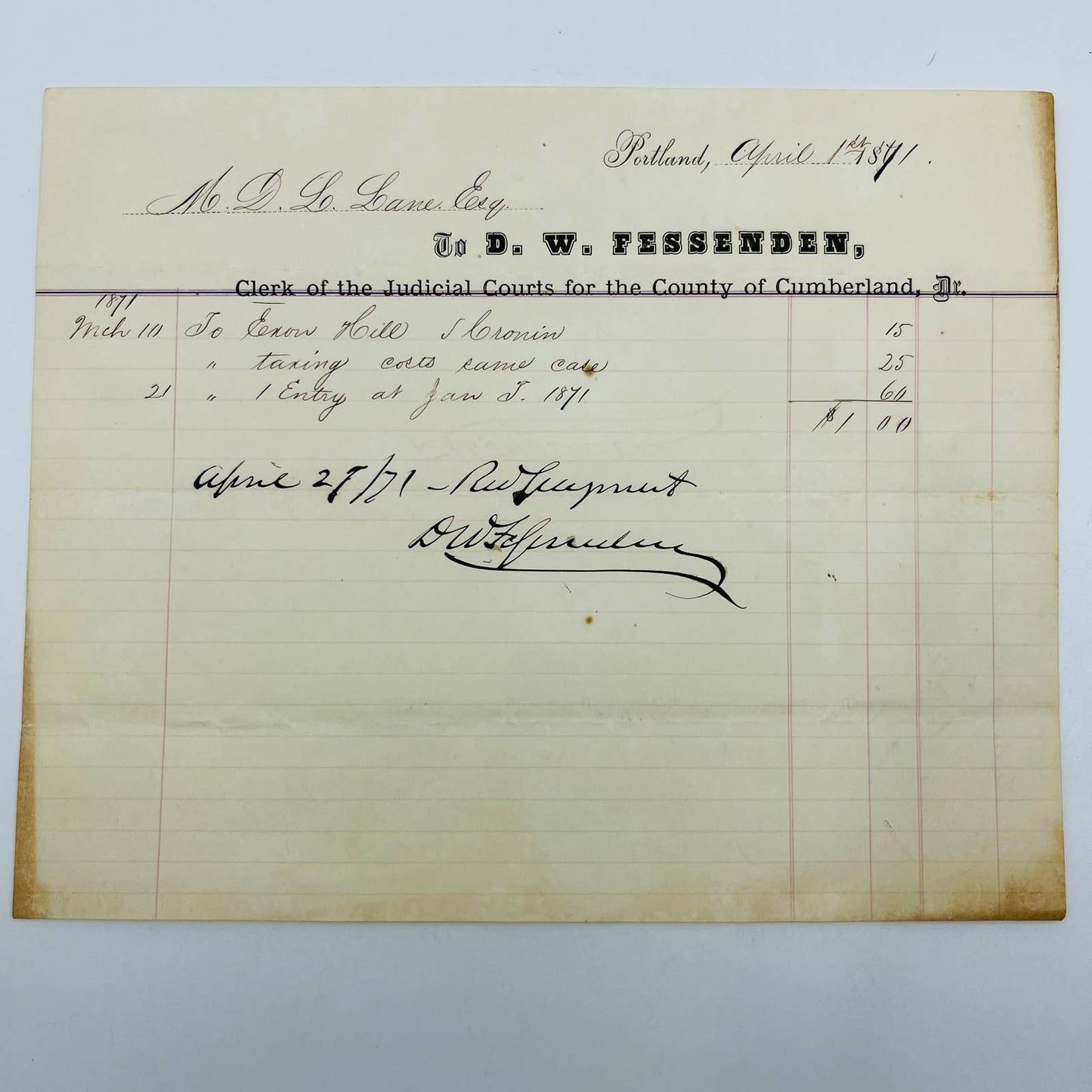 1871 DW Fessenden Cumberland Cty Judicial Clerk Portland ME Billhead Receipt AA4