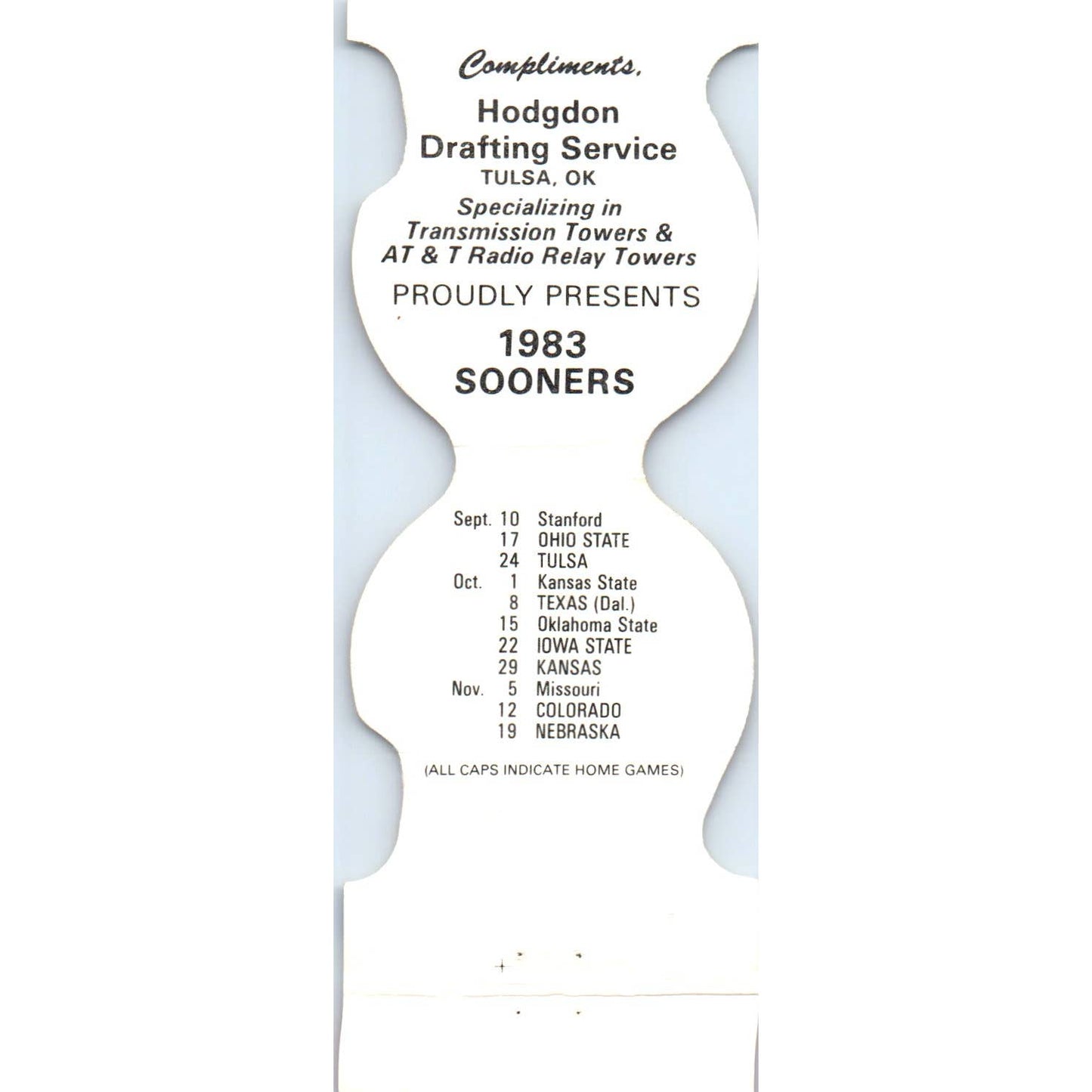 1983 OU Oklahoma Sooners Helmet Football Schedule Matchbook Cover SA1-M4