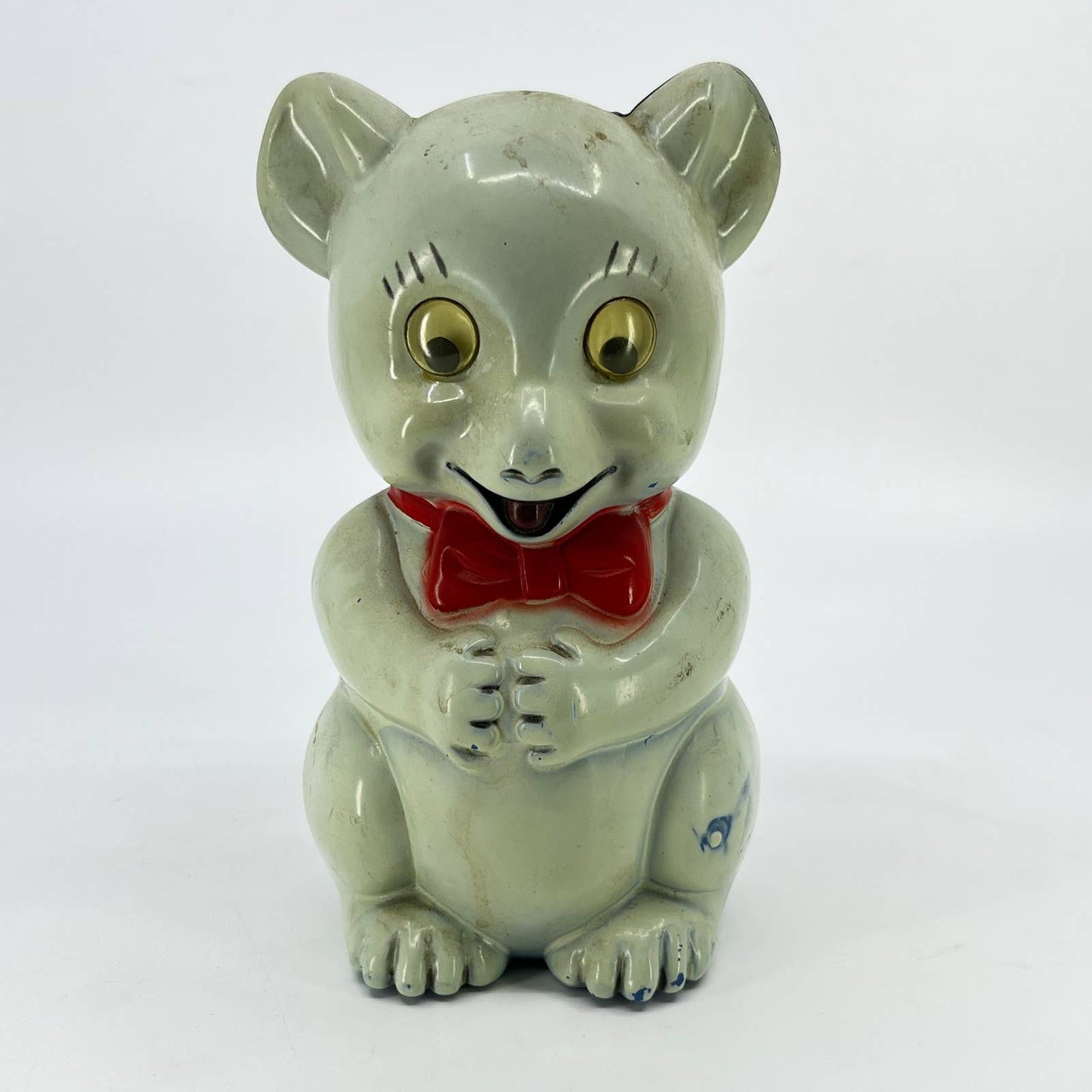 Vintage Celluloid Bear With Bow tie Children’s Coin Bank 6” TE3