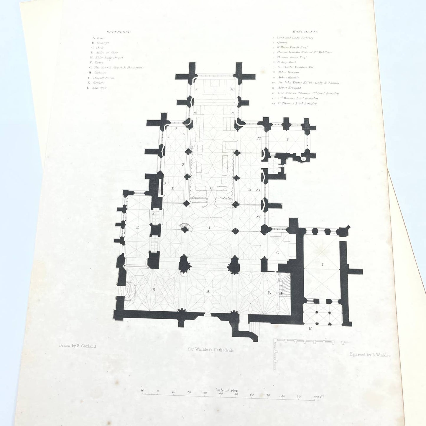 1836 Original Art Engraving Bristol Cathedral Chapter House Floor Plan & Bio TG6