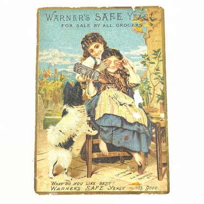 1887 Victorian Trade Card Warner’s Safe Yeast Girls With Dog AB8