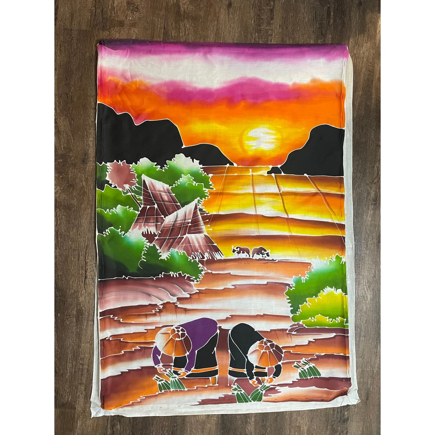 Original LARGE Samui Batik Rice Paddy Farmers Fabric Art Panel Thailand 46x31