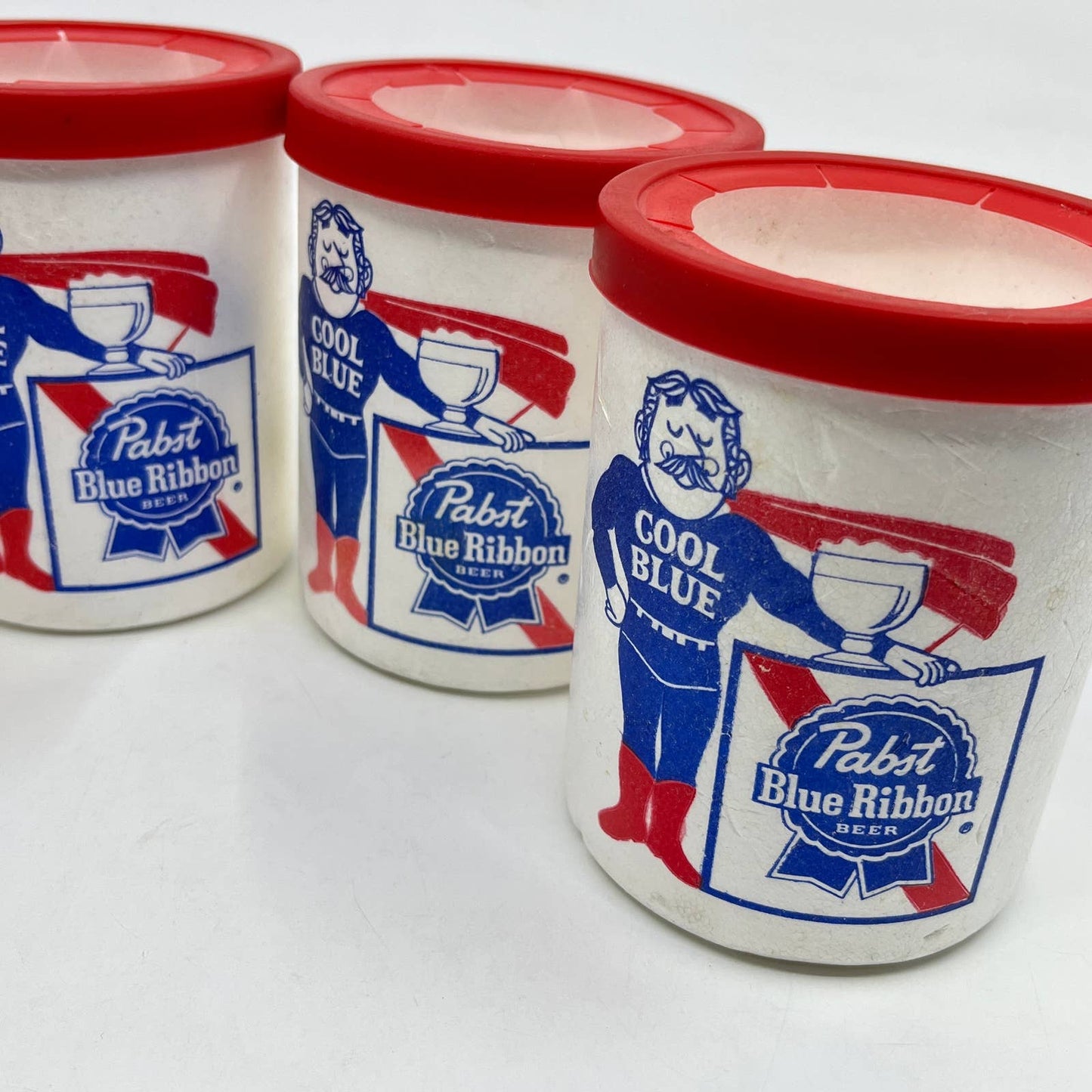 Vintage Pabst Blue Ribbon PBR Cool Blue Man Styrofoam Can Koozie Set of 4 TF6