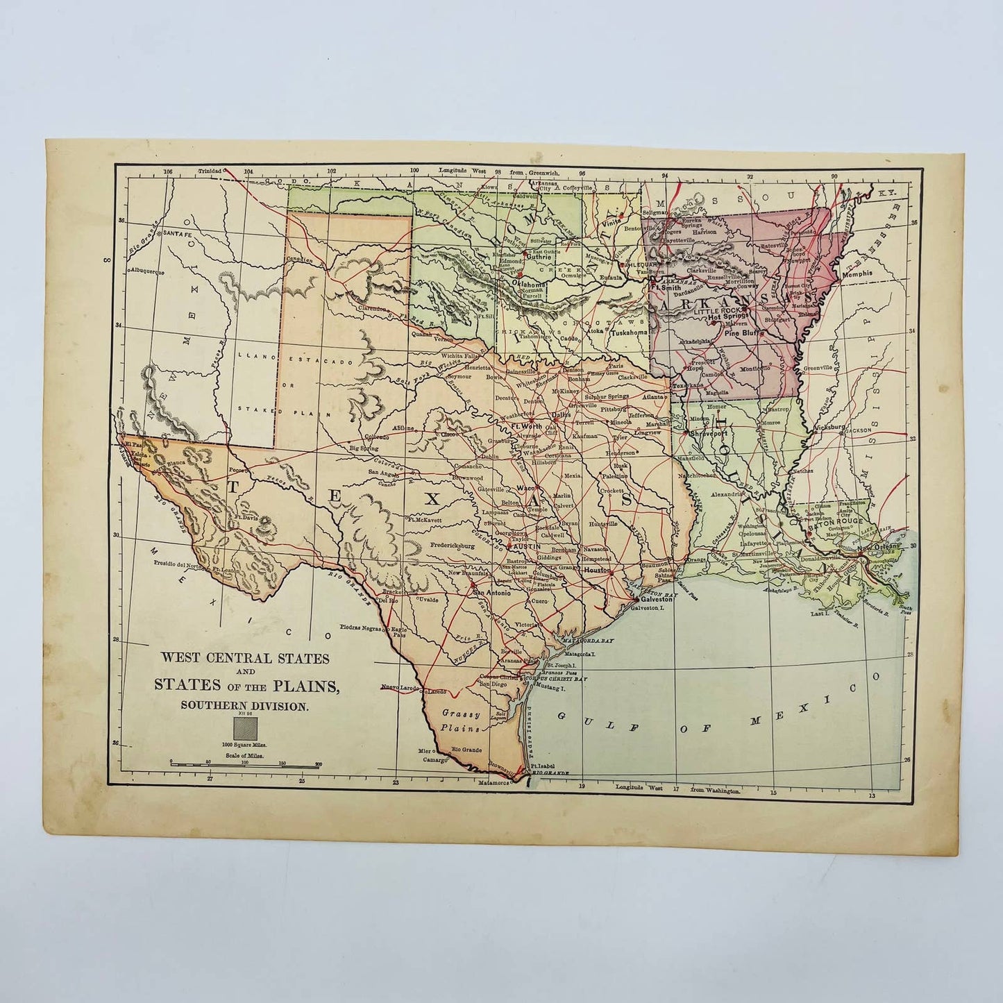 1896 Harper’s Map West Central USA TX OK AK LA Indian TY 9x12” FL1